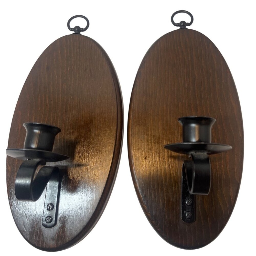 Vintage Wooden Wall Mounted Candle Sconces Dark Walnut Finish Metal Holders